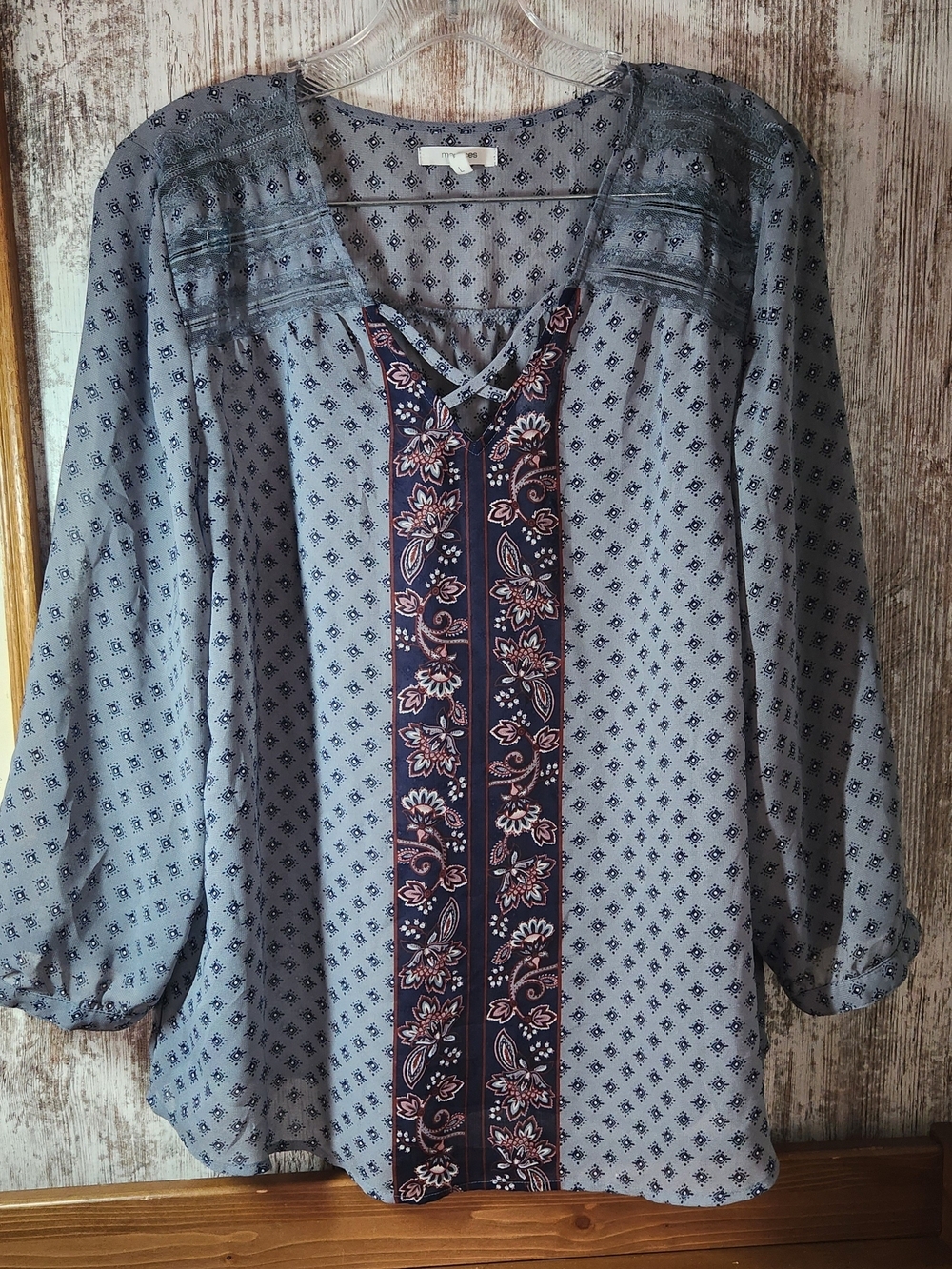 Maurices Light Blue Printed Boho Peasant Top with Navy Floral Placket Blouse